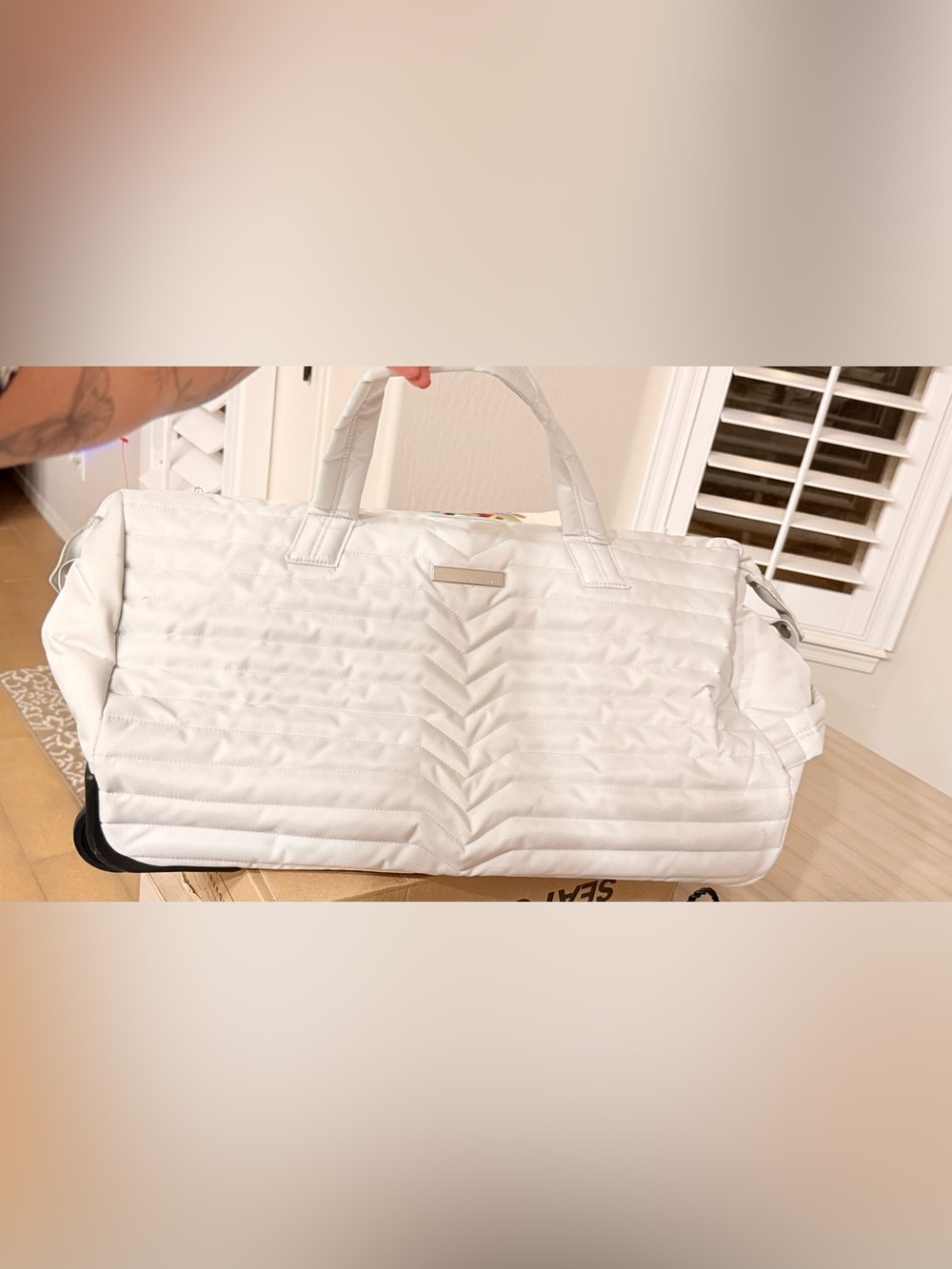 Vince Camuto White Quilted Nylon Travel Duffel Weekender Bag⁠
